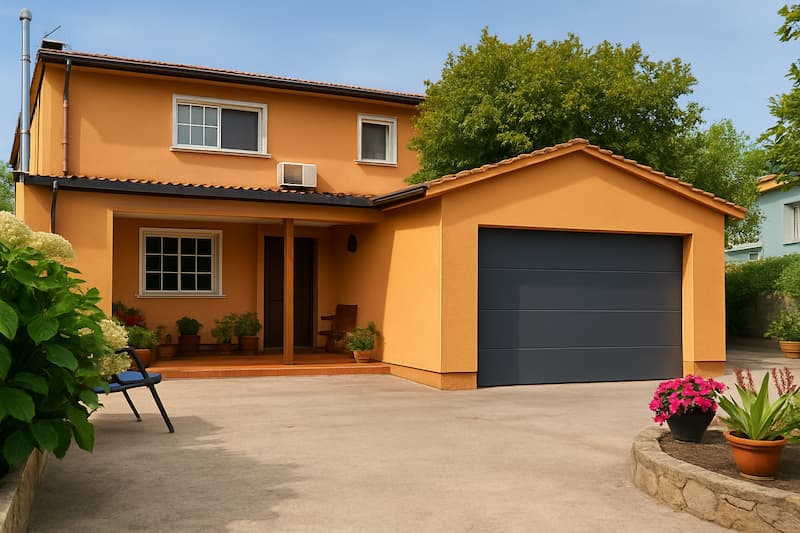 Puerta de garaje automática gris oscuro instalada en vivienda unifamiliar (provincia de Pontevedra)