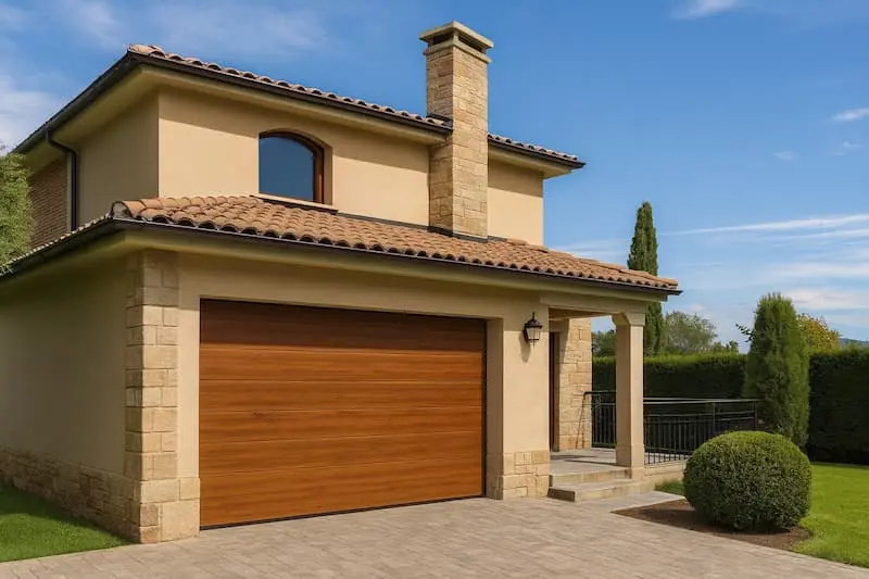 Puerta automática de garaje imitacion madera en vivienda unifamiliar
