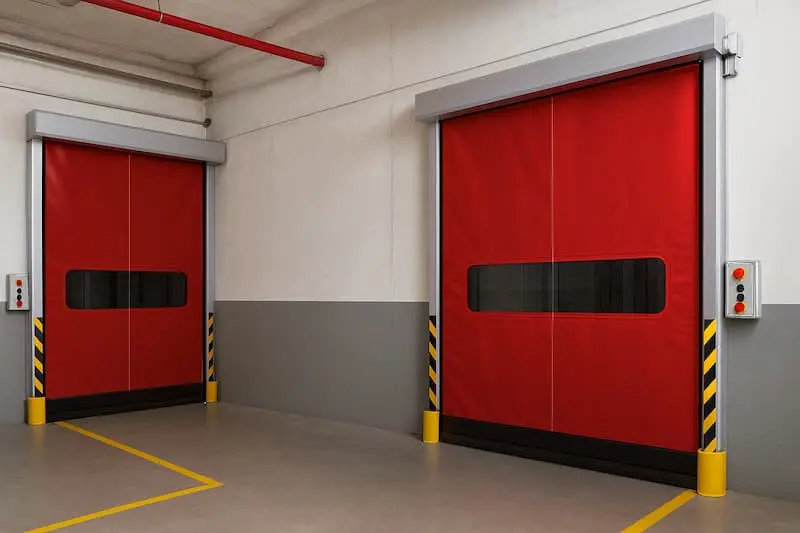 Puertas rápidas enrollables de PVC en color rojo con visor central, instaladas en nave industrial