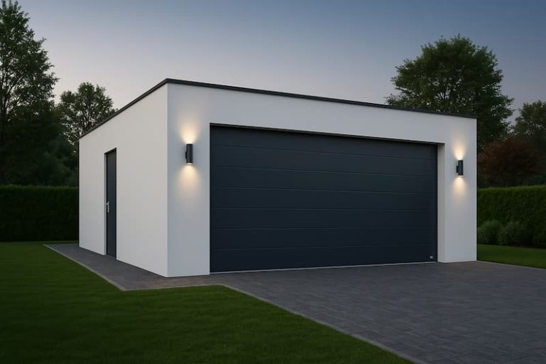 Puerta de garaje seccional gris antracita instalada en vivienda moderna de líneas minimalistas