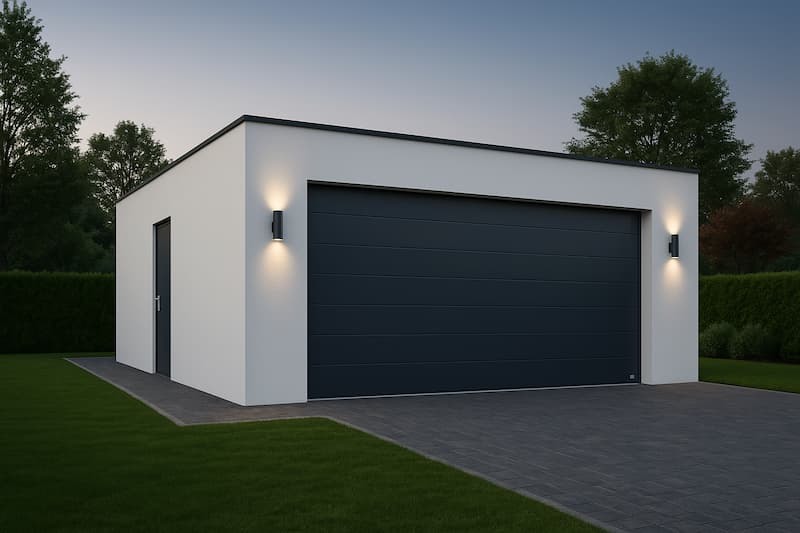 Puerta de garaje seccional gris antracita con panel aislante de 40 mm Puerta de garaje seccional gris antracita instalada en vivienda moderna de líneas minimalistas