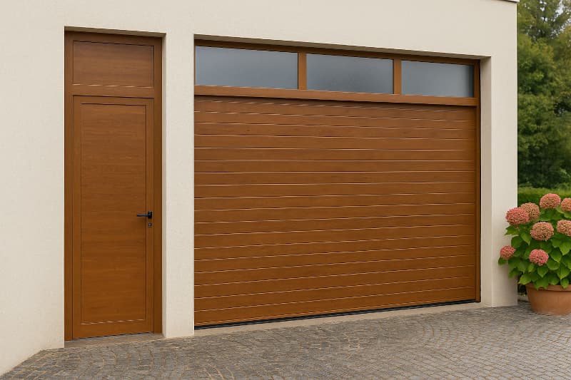 Puerta de garaje seccional imitacion madera con puerta peatonal independiente