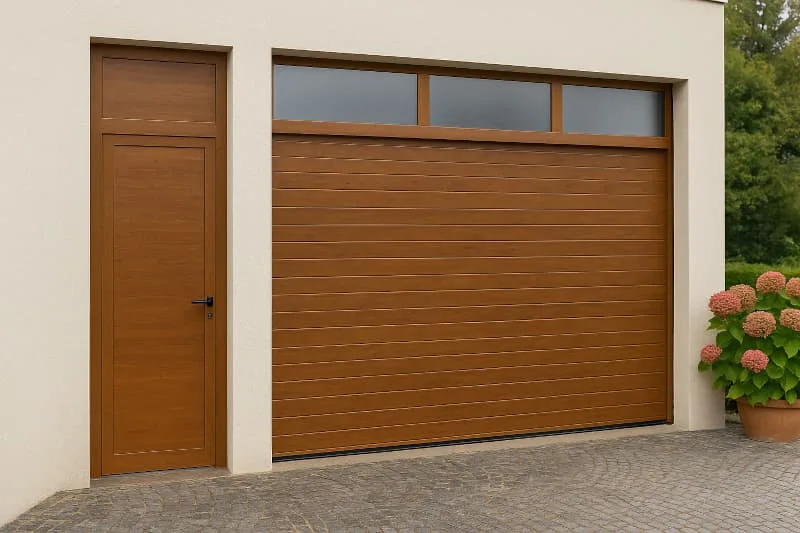 Puerta de garaje seccional imitacion madera con puerta peatonal independiente