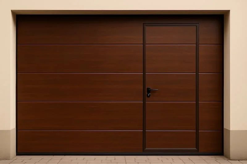 Puerta de garaje seccional efecto madera con puerta peatonal integrada para acceso a pie sin abrir toda la puerta