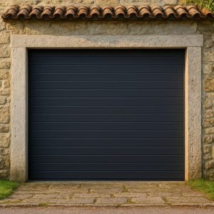 Puerta de garaje seccional acanalada gris antracita (RAL 7016) instalada en una fachada de piedra con marco de granito