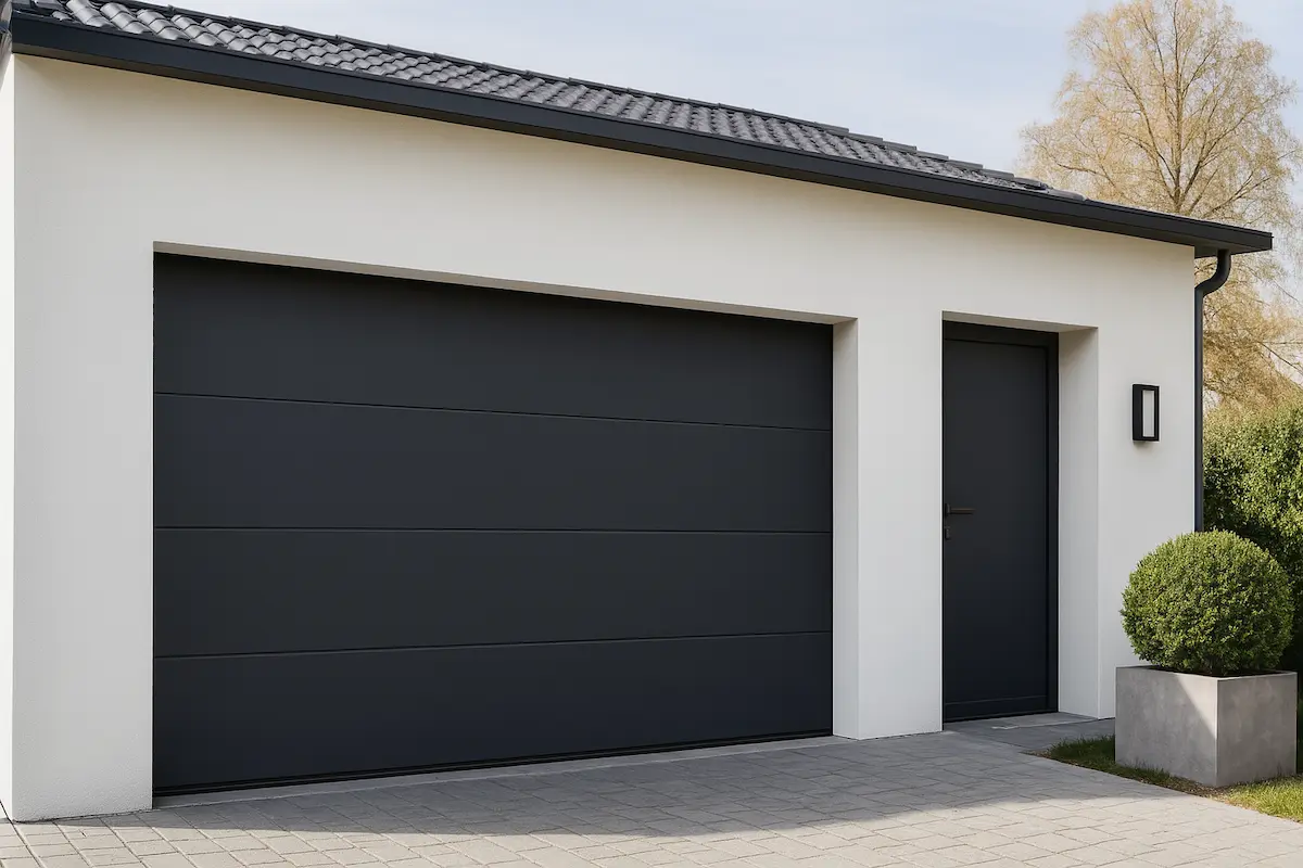 Puerta seccional gris antracita instalada en vivienda moderna de Caldas de Reis Puerta seccional gris antracita instalada en vivienda moderna de Caldas de Reis
