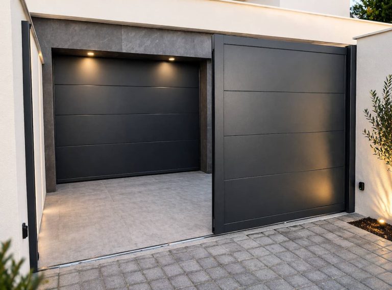 Puerta de garaje seccional gris antracita con portal de aluminio en vivienda moderna en Sanxenxo