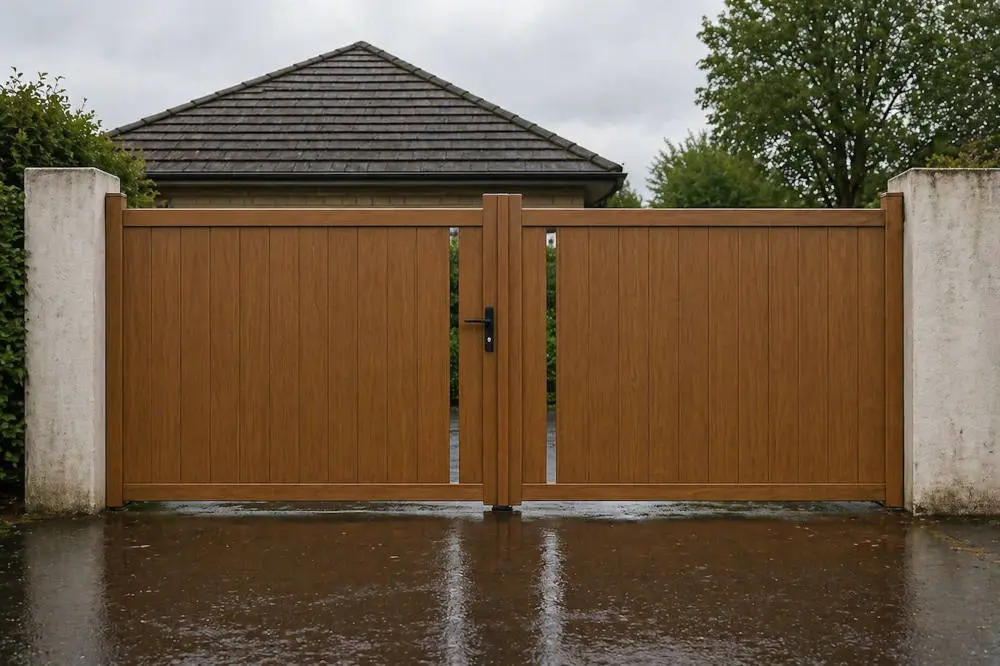 Portal abatible de aluminio imitación madera de dos hojas 