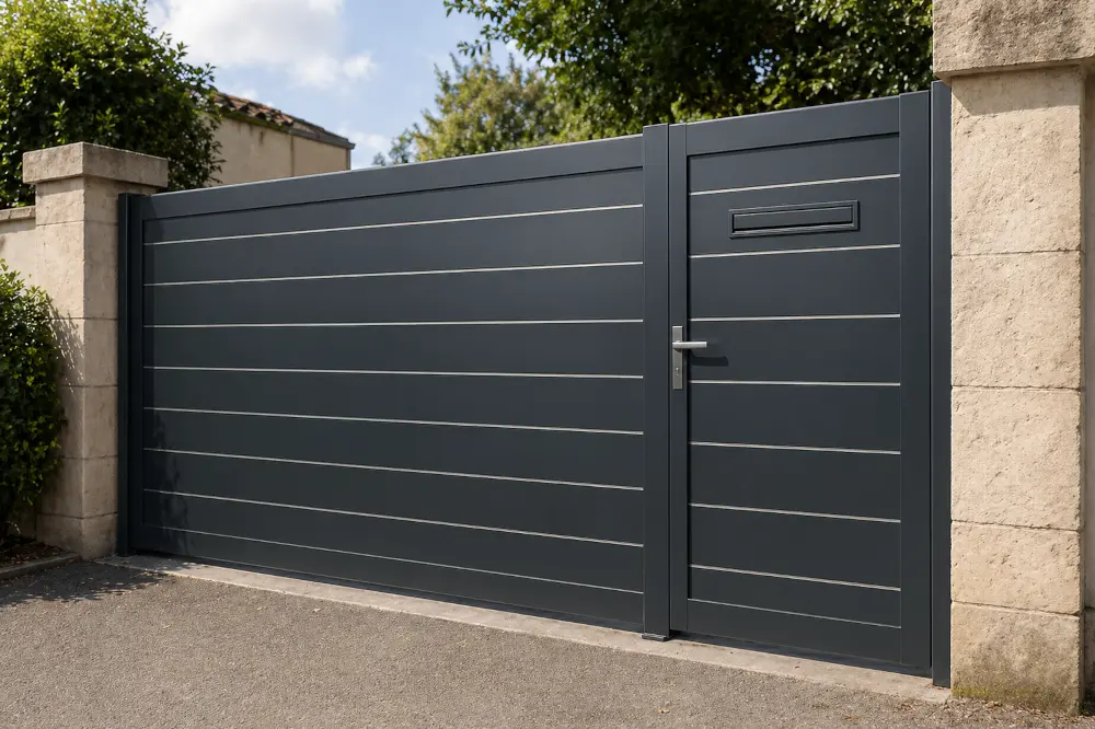 Portal de aluminio gris antracita con puerta peatonal integrada y detalles inox intercalados entre las lamas horizontales