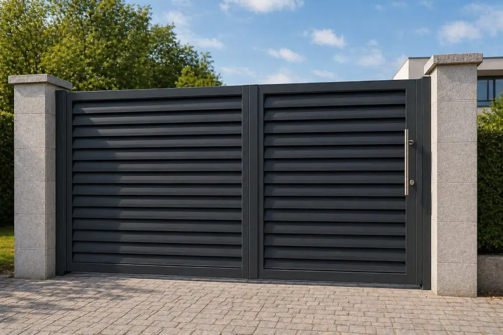 Portal abatible de aluminio gris antracita fabricado con lama tipo avión horizontal entre pilares de piedra