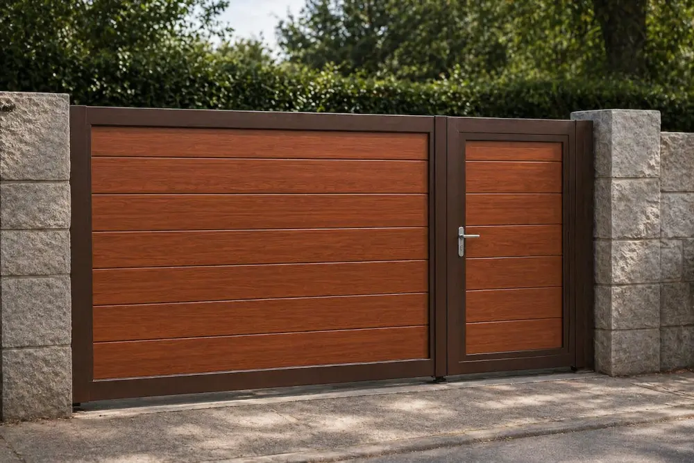 Portal corredero de aluminio efecto madera con puerta peatonal a juego instalado entre muros de piedra