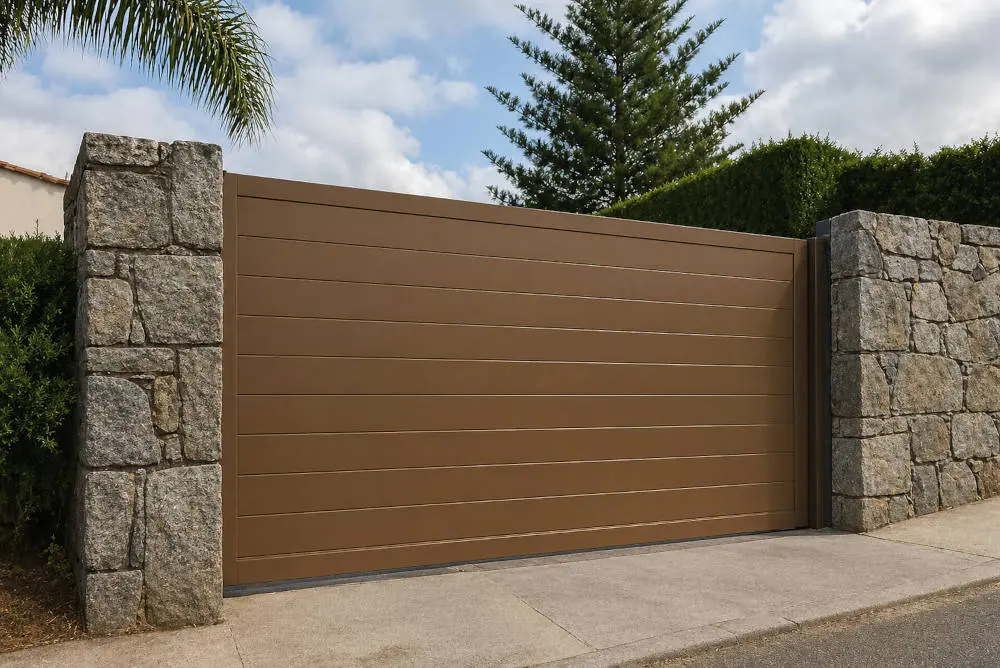 Portal corredero de aluminio a medida en color marrón instalado entre muros de piedra