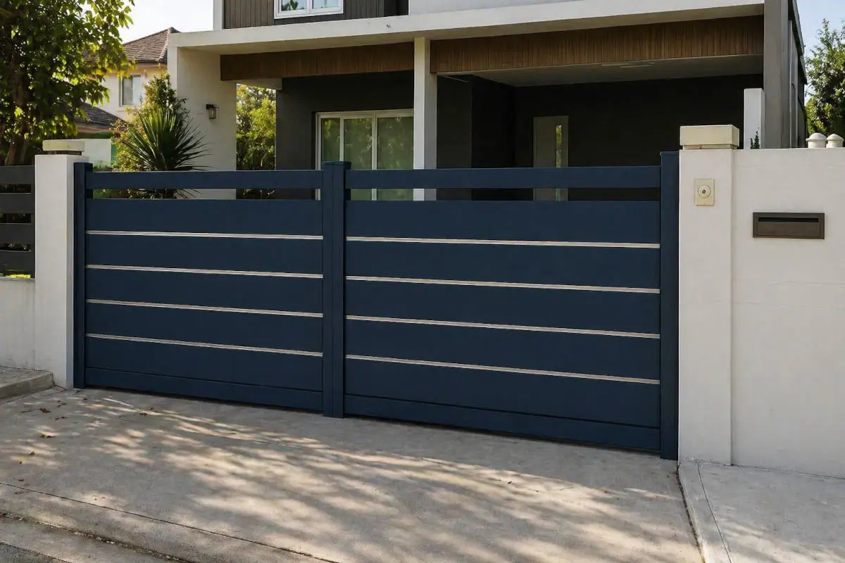 Portón de aluminio abatible a medida Portón de aluminio abatible a medida en color gris oscuro instalado en acceso exterior de vivienda