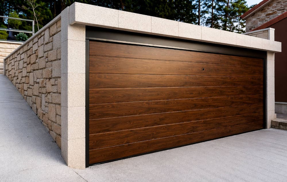 Puerta de garaje Seccional estilo madera instalada en vivienda en Sanxenxo