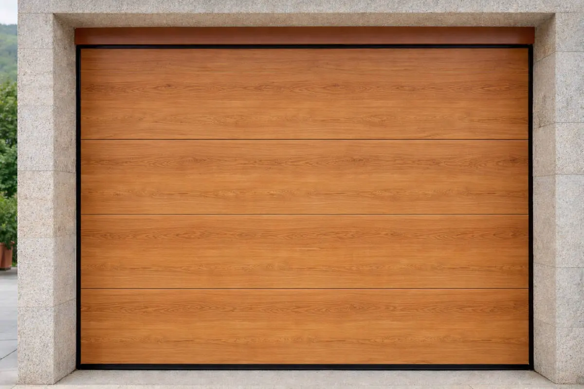 Puerta de garaje seccional madera clara lisa instalada en vivienda con fachada de piedra