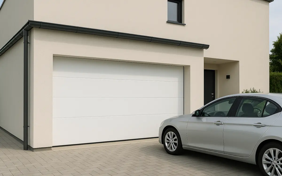 Puertas garaje Poio 1 Vista de una puerta de garaje seccional blanca con coche aparcado frente a una casa moderna en Poio
