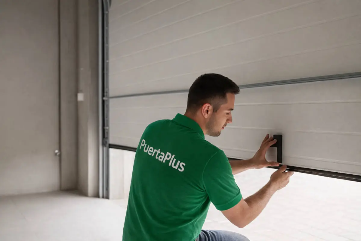 Técnico de PuertaPlus instalando una puerta de garaje seccional blanca en el interior de una vivienda