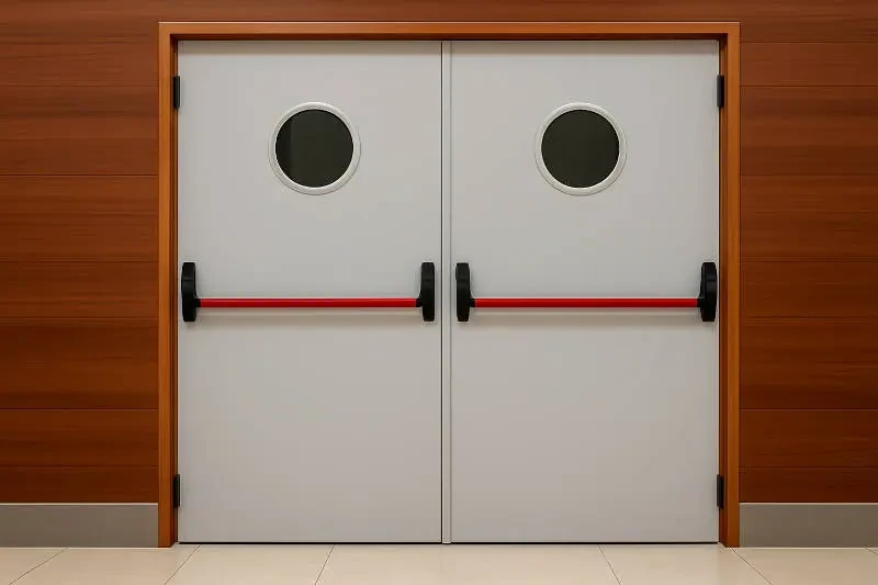 Puertas cortafuegos dobles para edificio profesional Puertas cortafuegos dobles grises con barras antipánico en edificio profesional