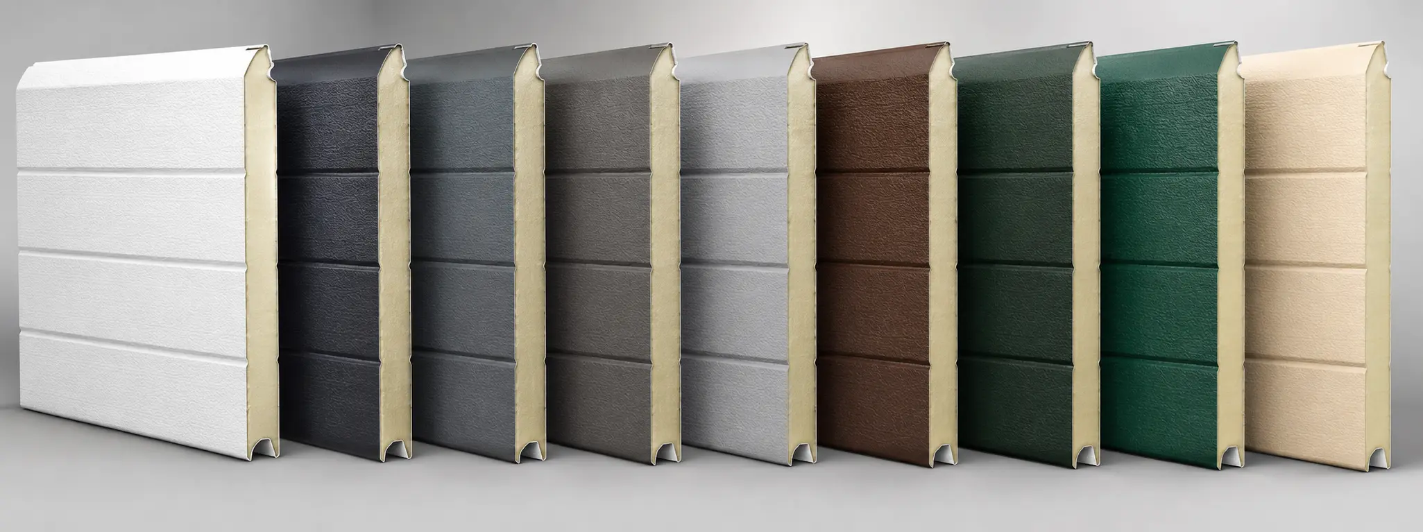 Panel acanalado para puerta seccional en varios colores Muestra de panel acanalado para puerta seccional en blanco, gris, marrón, verde y crema