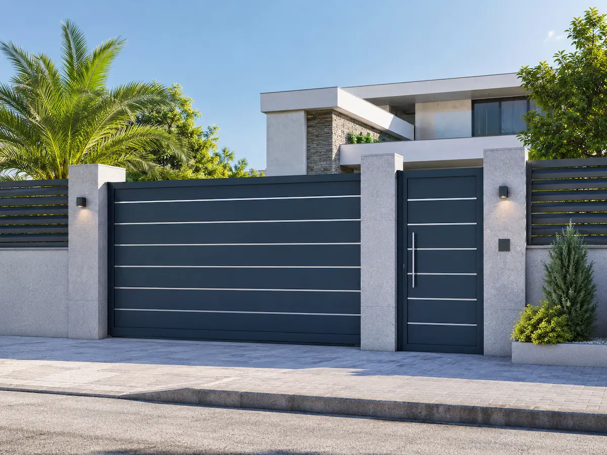 Portales y cancelas de aluminio Portal de aluminio con puerta peatonal independiente en vivienda moderna