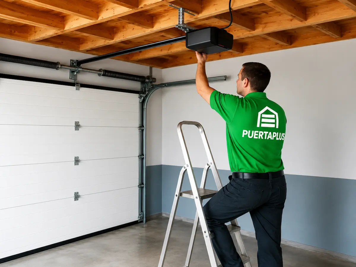 Servicio técnico de puertas automáticas Técnico revisando el motor de una puerta de garaje automática