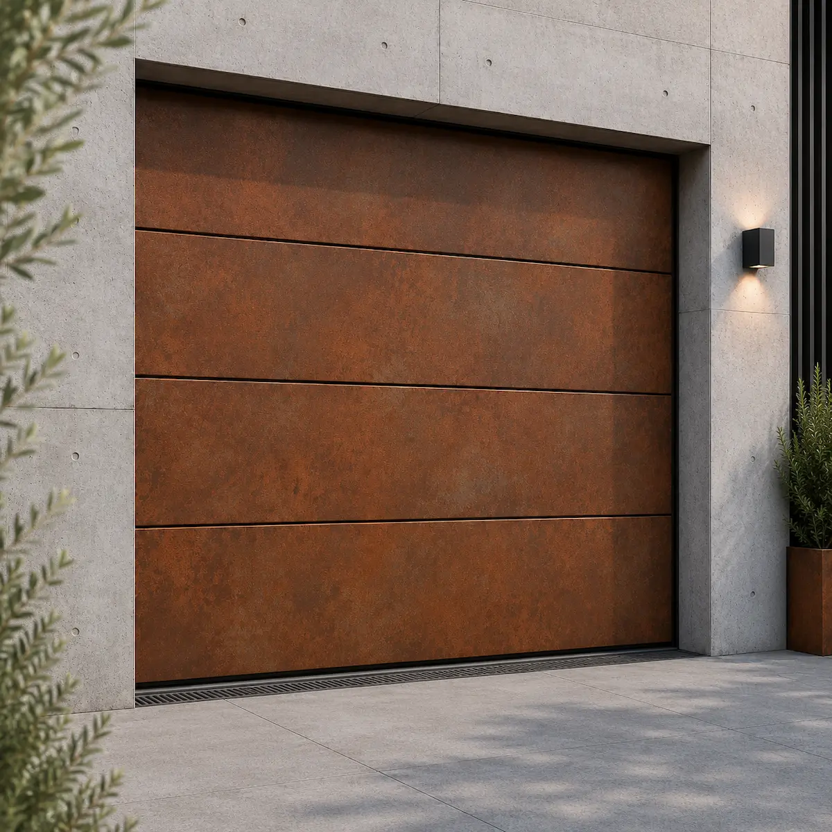 Corten lisa 2 Puerta de garaje seccional lisa con acabado corten instalada en una fachada de hormigón.